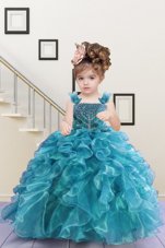 Custom Made Turquoise Lace Up Child Pageant Dress Beading and Ruffles Sleeveless Floor Length