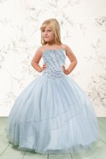Customized Sleeveless Tulle Floor Length Lace Up Kids Formal Wear in Baby Blue for with Beading