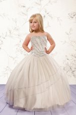 Amazing Champagne Ball Gowns Strapless Sleeveless Tulle Floor Length Lace Up Beading Kids Pageant Dress