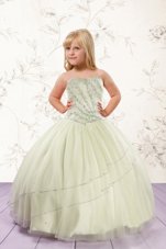 Top Selling Strapless Sleeveless Little Girls Pageant Gowns Floor Length Beading Apple Green Tulle