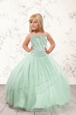 Pretty Sleeveless Tulle Floor Length Lace Up Child Pageant Dress in Apple Green for with Beading