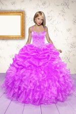 Unique Hot Pink Spaghetti Straps Neckline Beading and Ruffles and Pick Ups Kids Pageant Dress Sleeveless Lace Up