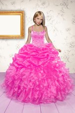 Best Beading and Ruffles and Pick Ups Pageant Gowns For Girls Hot Pink Lace Up Sleeveless Floor Length