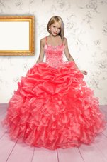 Spaghetti Straps Sleeveless Kids Pageant Dress Floor Length Beading and Ruffles and Pick Ups Coral Red Organza