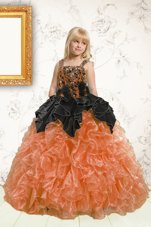 Beauteous Floor Length Lace Up Little Girls Pageant Dress Orange and In for Party and Wedding Party with Beading and Pick Ups