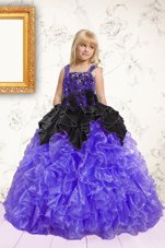 Inexpensive Floor Length Black and Purple Little Girl Pageant Dress Organza Sleeveless Beading and Ruffles