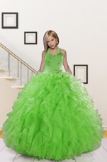 Discount Halter Top Green Sleeveless Floor Length Beading and Ruffles Lace Up Little Girl Pageant Gowns
