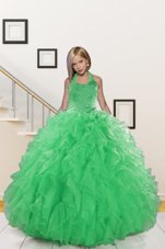 Best Halter Top Green Ball Gowns Beading and Ruffles Little Girls Pageant Dress Wholesale Lace Up Organza Sleeveless Floor Length