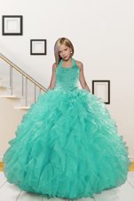 Fantastic Halter Top Sleeveless Child Pageant Dress Floor Length Beading and Ruffles Turquoise Organza