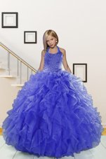 Fantastic Halter Top Beading and Ruffles Little Girls Pageant Dress Wholesale Blue Lace Up Sleeveless Floor Length
