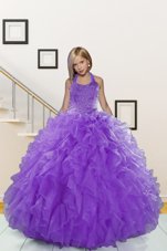 Halter Top Lavender Sleeveless Floor Length Beading and Ruffles Lace Up Little Girl Pageant Gowns