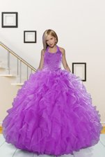 Organza Halter Top Sleeveless Lace Up Beading and Ruffles Girls Pageant Dresses in Purple