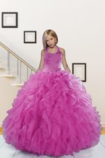 Adorable Halter Top Sleeveless Floor Length Beading and Ruffles Lace Up Little Girls Pageant Dress with Pink