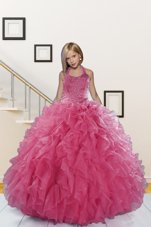Custom Design Halter Top Pink Sleeveless Floor Length Beading and Ruffles Lace Up Little Girl Pageant Gowns