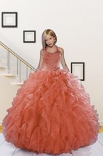 Hot Selling Halter Top Watermelon Red Sleeveless Organza Lace Up Little Girl Pageant Dress for Military Ball and Sweet 16 and Quinceanera
