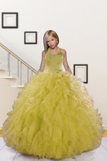 New Style Halter Top Sleeveless Little Girls Pageant Dress Wholesale Floor Length Beading and Ruffles Light Yellow Organza