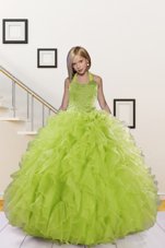 Perfect Halter Top Sleeveless Organza Floor Length Lace Up Little Girl Pageant Gowns in Olive Green for with Beading and Ruffles