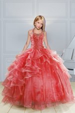 Attractive Ball Gowns Little Girl Pageant Gowns Red Halter Top Organza Sleeveless Floor Length Lace Up