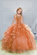 Nice Orange Halter Top Lace Up Beading and Ruffles Little Girls Pageant Dress Sleeveless