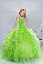 Halter Top Apple Green Ball Gowns Beading and Ruching Child Pageant Dress Lace Up Organza Sleeveless Floor Length