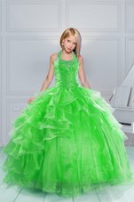 Custom Made Green Ball Gowns Halter Top Sleeveless Organza Floor Length Lace Up Beading and Ruffles Girls Pageant Dresses