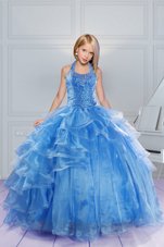 High End Halter Top Baby Blue Ball Gowns Beading and Ruffles Girls Pageant Dresses Lace Up Organza Sleeveless Floor Length