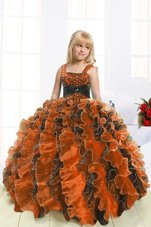 Luxurious Orange Ball Gowns Organza Straps Sleeveless Beading and Ruffles Floor Length Lace Up Girls Pageant Dresses