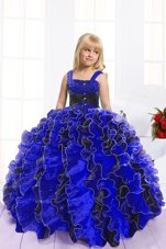 Exquisite Floor Length Blue And Black Little Girls Pageant Dress Spaghetti Straps Sleeveless Lace Up