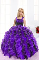 High End Ball Gowns Little Girls Pageant Gowns Blue And Black Straps Organza Sleeveless Floor Length Lace Up