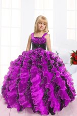 Fuchsia Straps Lace Up Beading and Ruffles Pageant Gowns For Girls Sleeveless