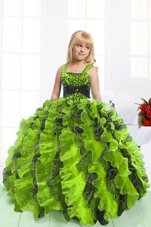 Trendy Floor Length Yellow Green Little Girls Pageant Dress Organza Sleeveless Beading and Ruffles