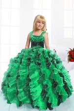 Floor Length Lace Up Little Girl Pageant Dress Green and In for Party and Wedding Party with Beading and Ruffles