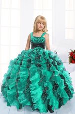 Customized Floor Length Lace Up Kids Formal Wear Teal and In for Party and Wedding Party with Beading and Ruffles