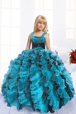 Nice Sleeveless Organza Floor Length Lace Up Kids Pageant Dress in Turquoise for with Beading and Ruffles