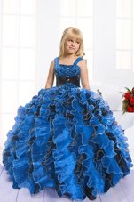 Elegant Organza Straps Sleeveless Lace Up Beading and Ruffles Little Girls Pageant Dress Wholesale in Royal Blue