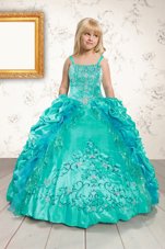 Stylish Pick Ups Aqua Blue Sleeveless Satin Lace Up Little Girls Pageant Gowns for Party and Wedding Party