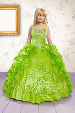 Discount Sleeveless Satin Floor Length Lace Up Pageant Gowns For Girls in Apple Green for with Beading and Appliques and Pick Ups