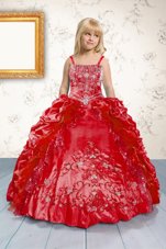Red Ball Gowns Beading and Appliques and Pick Ups Kids Pageant Dress Lace Up Satin Sleeveless Floor Length