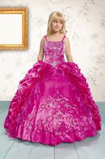 Exquisite Pick Ups Floor Length Hot Pink Pageant Gowns For Girls Spaghetti Straps Sleeveless Lace Up