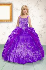 Adorable Pick Ups Ball Gowns Kids Pageant Dress Purple Spaghetti Straps Satin Sleeveless Floor Length Lace Up