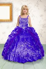 Lovely Beading and Appliques and Pick Ups Little Girls Pageant Dress Wholesale Royal Blue Lace Up Sleeveless Floor Length