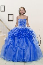 Custom Made Blue Lace Up Child Pageant Dress Beading and Pick Ups Sleeveless Floor Length