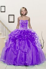 Hot Selling Lavender Organza Lace Up Pageant Gowns For Girls Sleeveless Floor Length Beading and Pick Ups