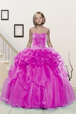 Nice Sleeveless Floor Length Beading and Pick Ups Lace Up Girls Pageant Dresses with Fuchsia