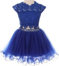 Fancy Scoop Navy Blue Cap Sleeves Mini Length Beading and Lace Zipper Flower Girl Dresses for Less