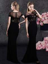Trendy Scoop With Train Black Prom Dresses Elastic Woven Satin Sweep Train Short Sleeves Appliques and Sequins