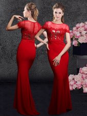 Scoop Red Short Sleeves Brush Train Appliques and Sequins With Train Dress for Prom