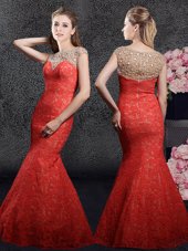 Custom Made Mermaid Floor Length Red Prom Dresses Lace Cap Sleeves Beading and Lace