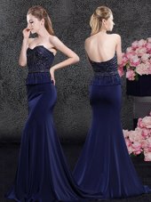Exceptional Mermaid Navy Blue Zipper Mother Of The Bride Dress Beading Sleeveless With Brush Train