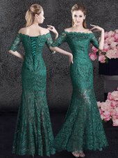 Fashion Mermaid Scalloped Dark Green Half Sleeves Floor Length Lace Lace Up Mother Of The Bride Dress